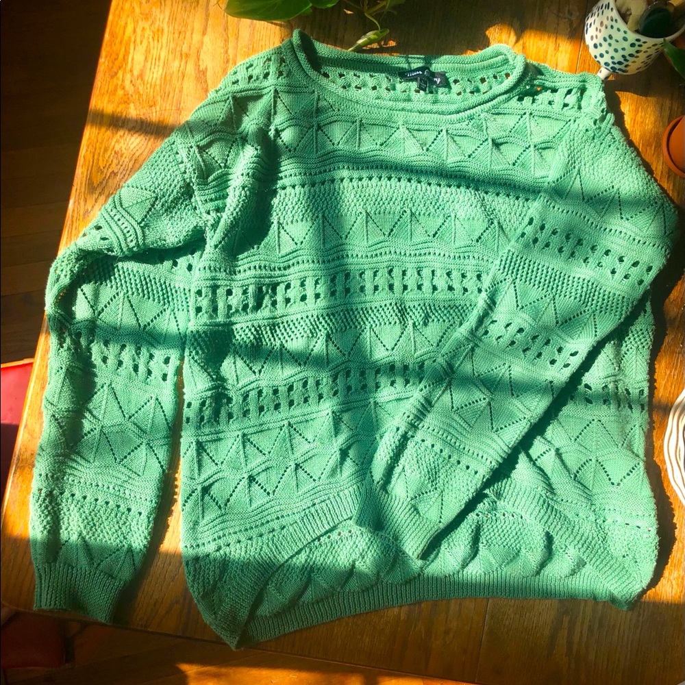 Miss Cherry High-Low Crew Neck Crochet Sweater